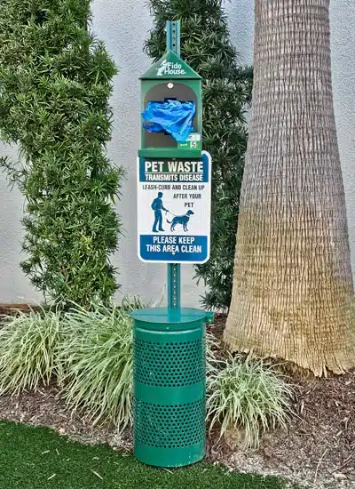 dog poop bad dispenser at an apartment complex in Thousand Oaks that was recently serviced by Scoop Masters pet waste removal company.