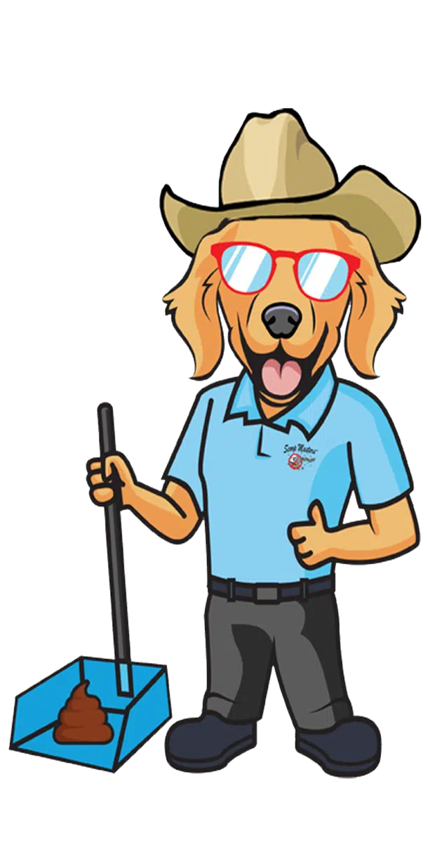 Scoop Masters pet waste removal service mascot of cartoon dog in cowboy hat