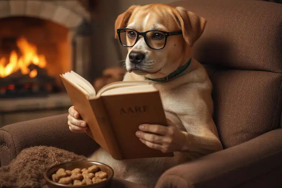 Old dog sitting in a chair with reading glasses reading a book for Scoop Masters
