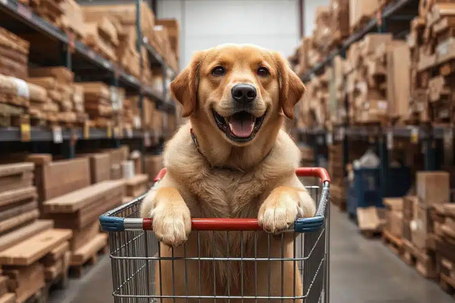 Golden retriever in a shopping cart at a home improvement center's lumber isle for Scoop Masters blog.
