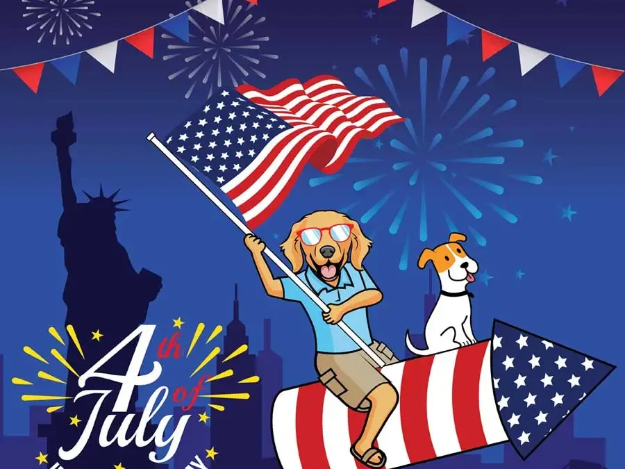 Image of Scoop Masters pet waste removal mascots, Daisy and Duke, during a July 4th celebration, riding a rocket with fireworks in the background.