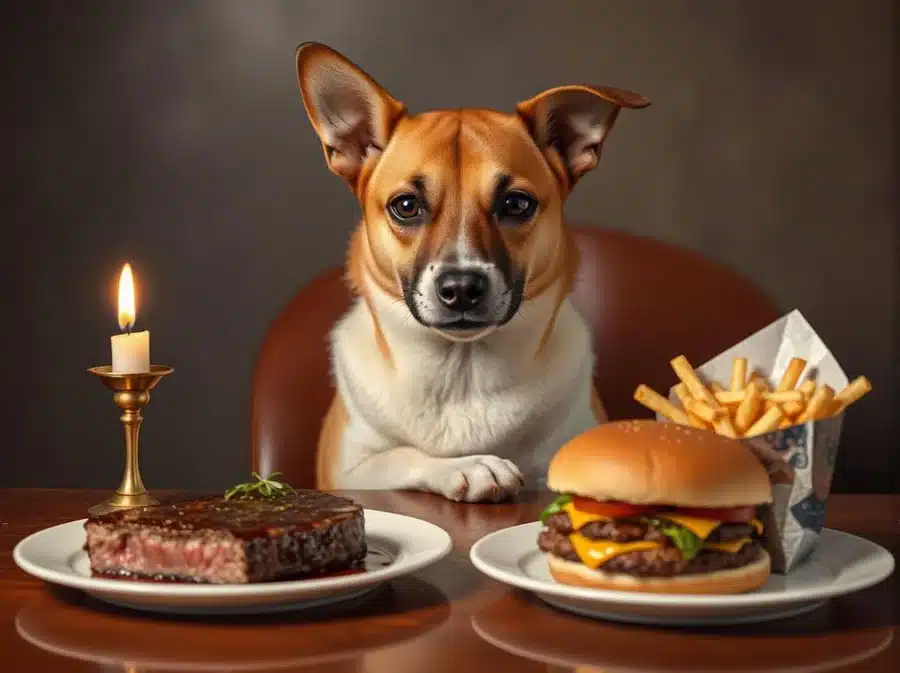 Dog depicting the difference between low quality pet food and high quality pet food. For Scoop Masters pet waste removal service.