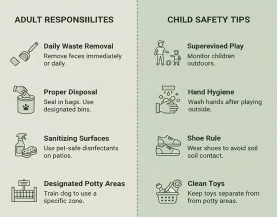 Infographic of proper cleaning and disposal of pet waste, along with child safety tips.