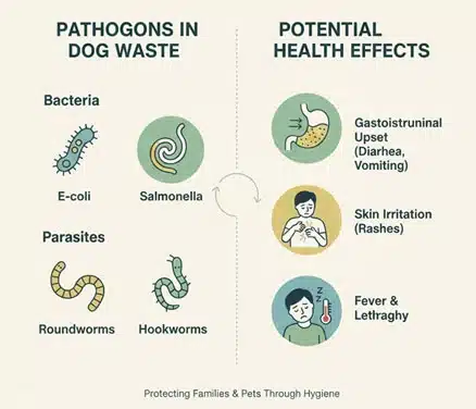 infographic showing pathogens found in dog waste and the effect on humans. Includes e-coli, salmonella, roundworms, hookworms.