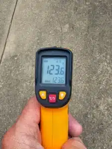 image of temperature of a cement sidewalk on a 90 degree cloudy day in Frisco, Texas