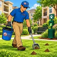 Image of a scoop masters pet waste removal service tech scooping at an apartment complex